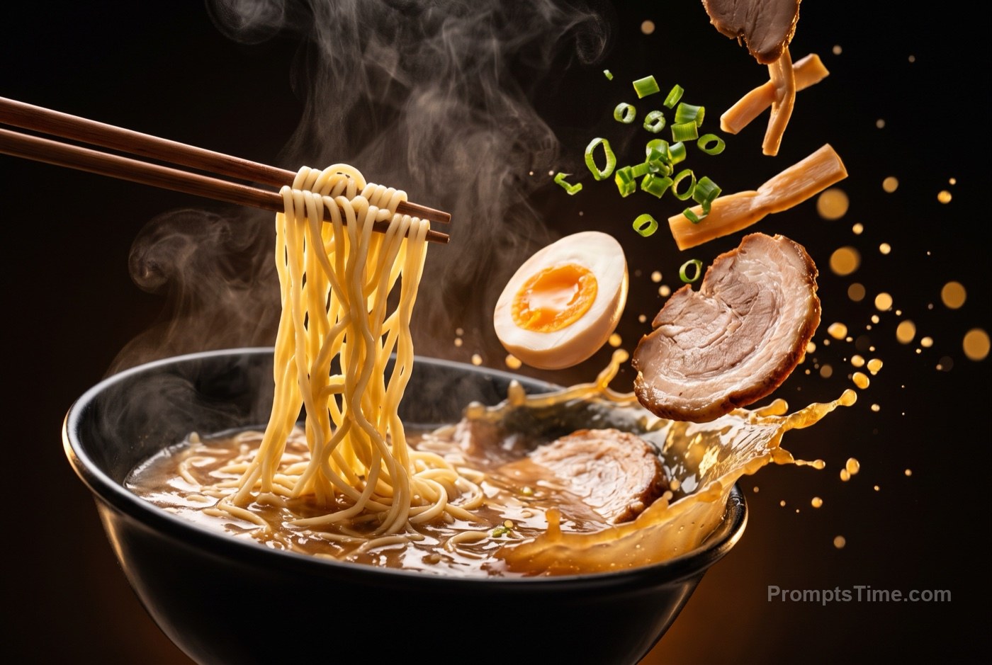 Chopsticks lifting ramen noodles from steaming bowl, rich br — AI-generated variation made with Gemini Image
