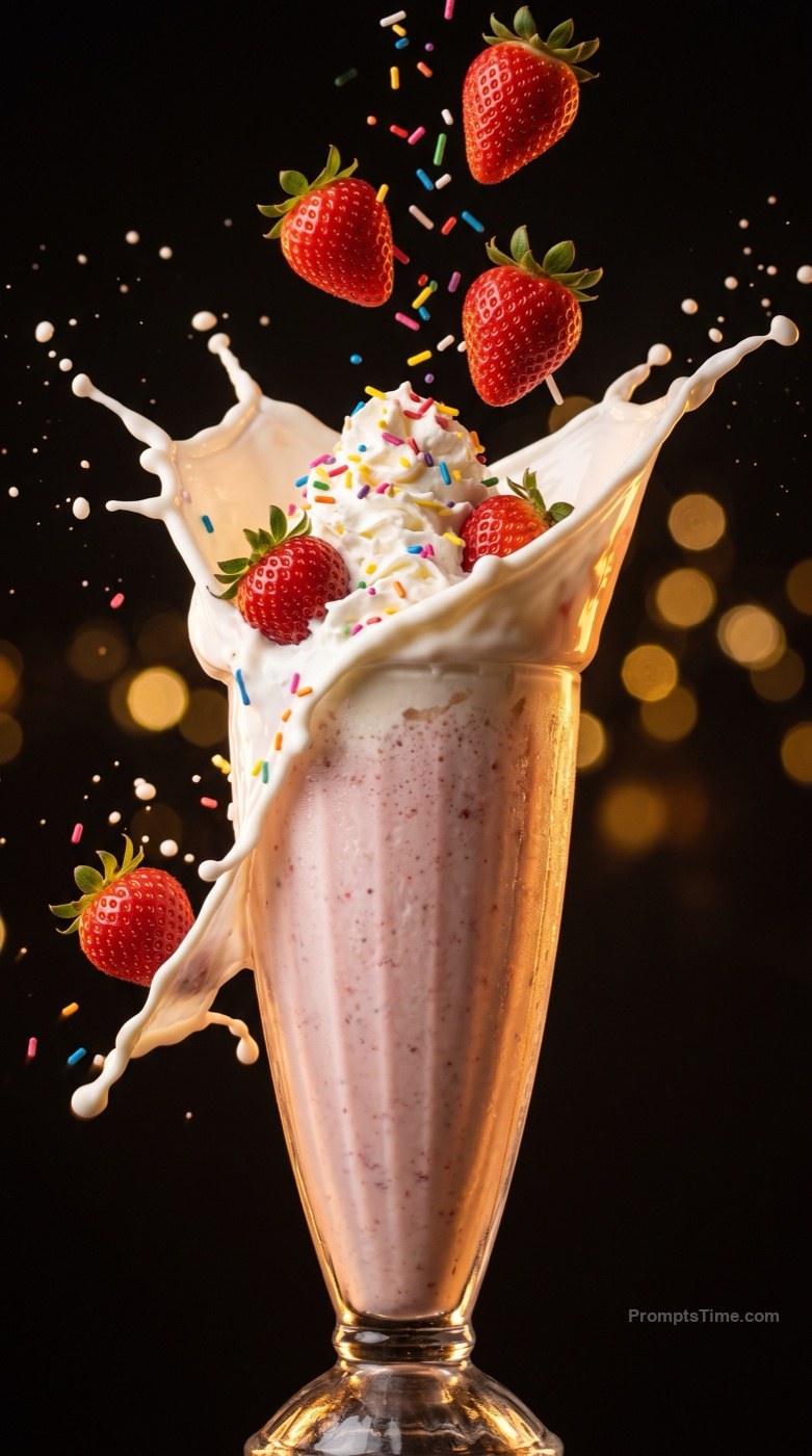 Strawberry milkshake exploding with splash of milk, whipped — AI-generated variation made with Gemini Image