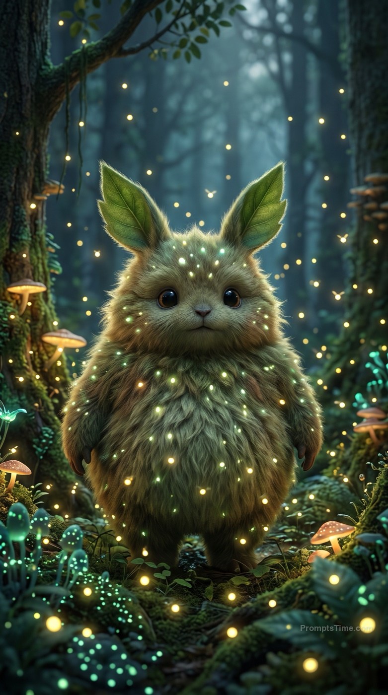 Round fluffy forest spirit with leaf ears — AI-generated variation made with Gemini Image