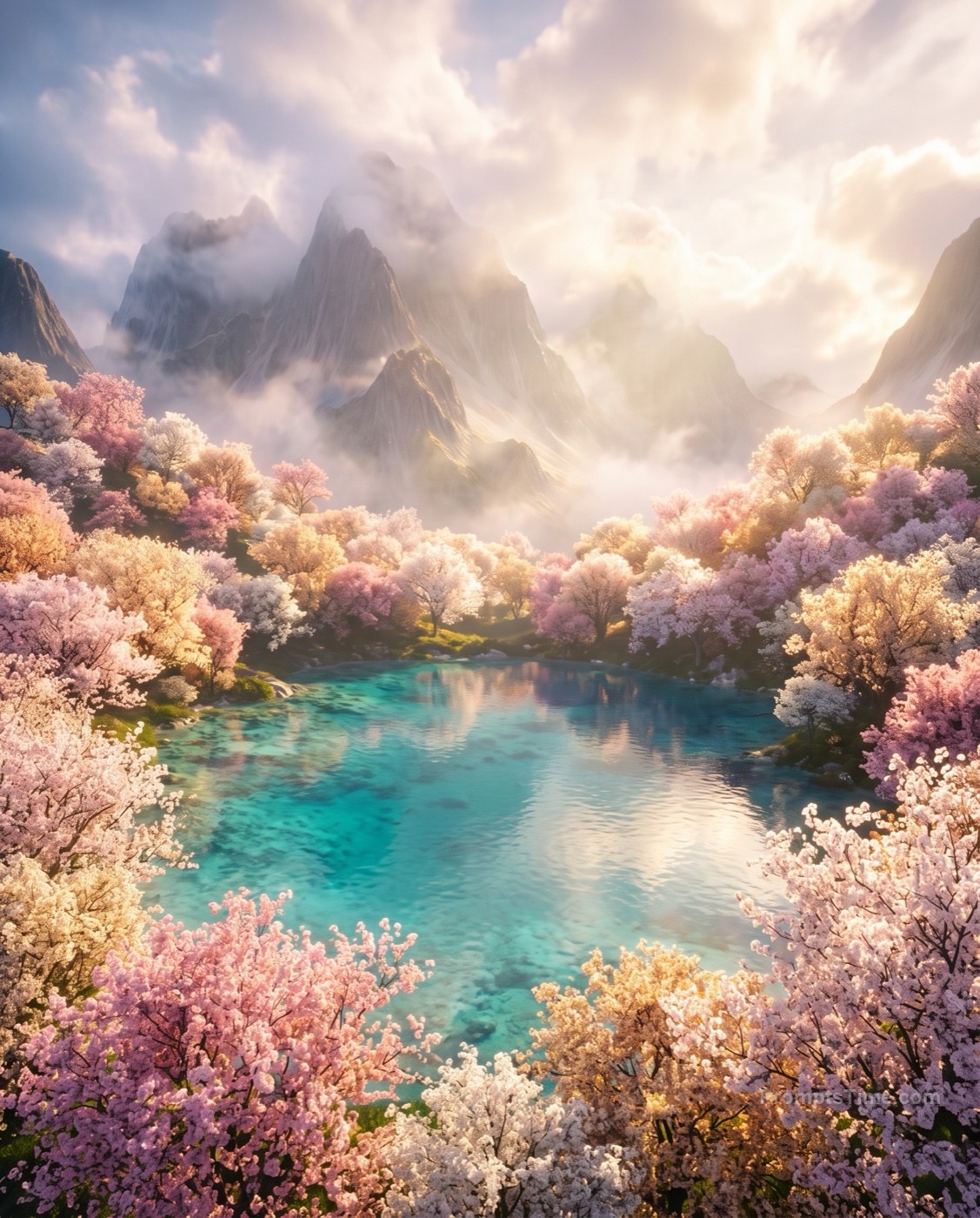 Crystal-clear turquoise lagoon surrounded by glowing blossom — AI-generated variation made with Gemini Image