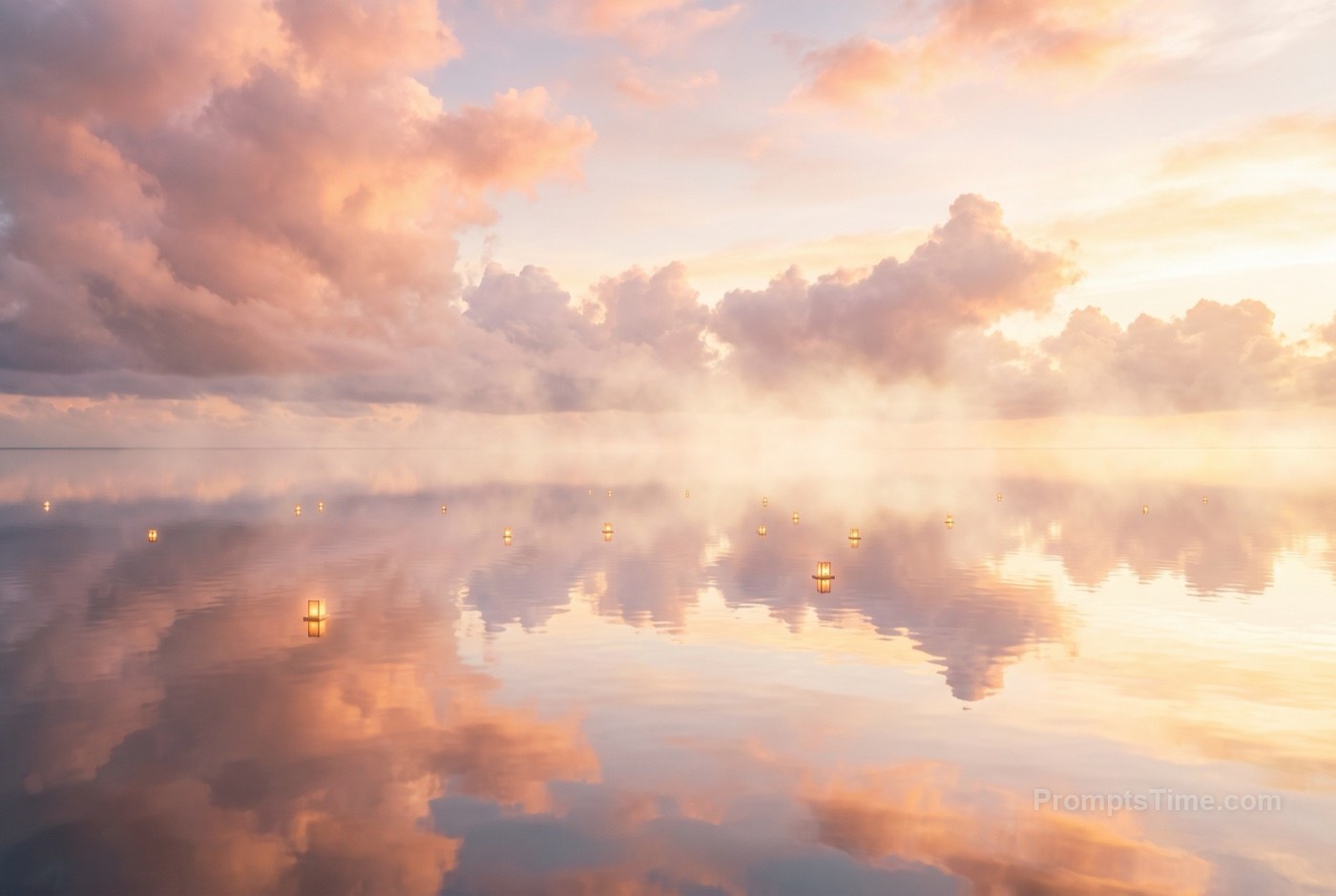 Mirror-still water reflecting sky of pink, peach and gold cl — AI-generated variation made with Gemini Image
